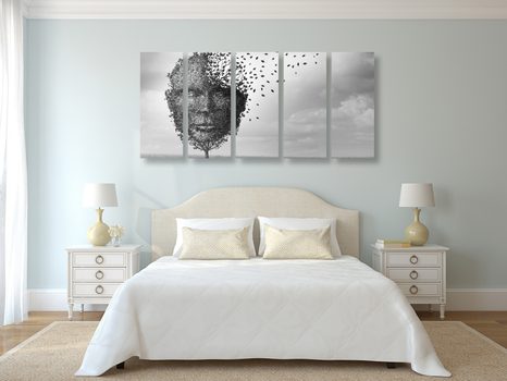 5-TEILIGES WANDBILD ABSTRAKTES GESICHT IN BAUMFORM - SCHWARZ-WEISSE BILDER - BILDER