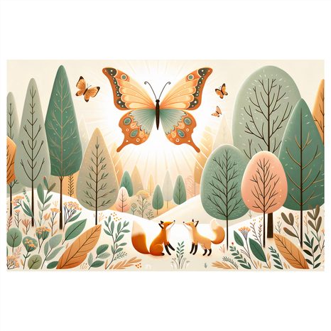 WANDBILD FÜCHSE UNTER FLIEGENDEM SCHMETTERLING - KINDERBILDER TIERE - BILDER