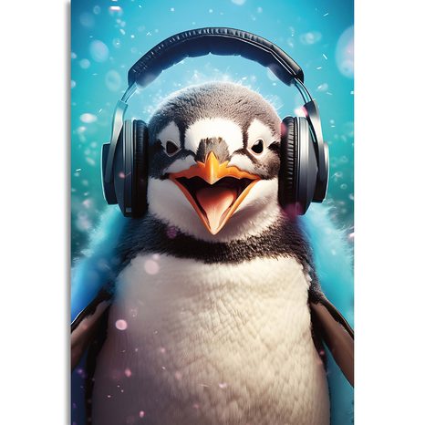 STAMPA SU TELA – PINGUINO CON CUFFIE - QUADRI DI ANIMALI DA FESTA CON LE CUFFIE - STAMPE E QUADRI