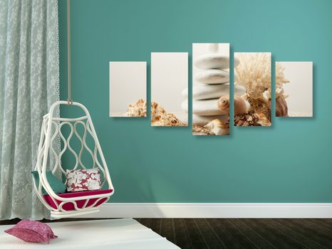 5-TEILIGES WANDBILD ZEN-STEINE MIT MUSCHELN - BILDER MIT FENG SHUI-MOTIVEN - BILDER