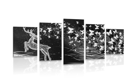 5-PIECE CANVAS PRINT BEAUTIFUL DEER WITH BUTTERFLIES IN BLACK AND WHITE - BLACK AND WHITE PICTURES - PICTURES