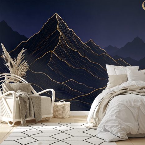 ZELFKLEVEND FOTOBEHANG DONKERE BERGEN MET GOUDEN LIJNEN - FOTOBEHANG BERGEN - FOTOBEHANG