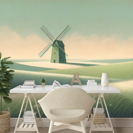 SELBSTKLEBENDE FOTOTAPETE LANDSCHAFT MIT WINDMÜHLE - TAPETEN FELDER UND WIESEN - TAPETEN