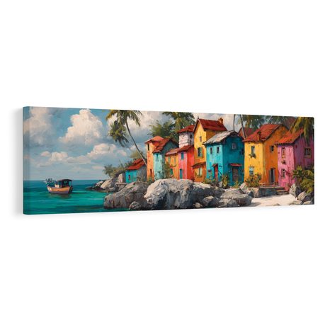 WANDBILD TROPISCHES IDYLL MIT PALMEN - BUNTE HÄUSER - BILDER