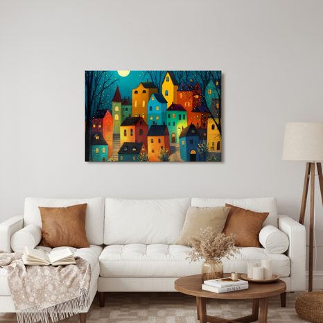 OBRAZ KOUZELNÁ NOČNÍ VESNIČKA - BAREVNÉ DOMY - OBRAZY