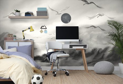 TAPETE FLIEGENDE VÖGEL IN SCHWARZ-WEISS - SCHWARZ-WEISSE TAPETEN - TAPETEN