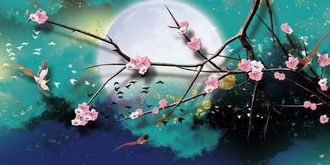 QUADRO SU TELA – RAMI DELL'ALBERO SOTTO LA LUNA PIENA - QUADRI DI NATURA E PAESAGGIO - STAMPE E QUADRI