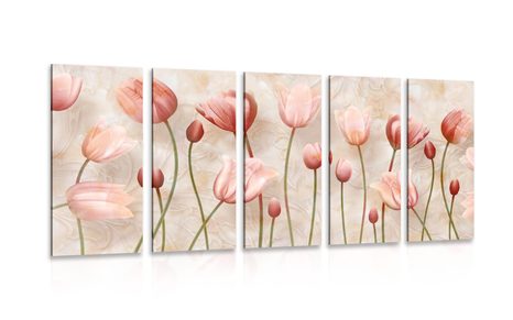 QUADRO IN 5 PARTI TULIPANI ROSA - QUADRI DI FIORI - QUADRI