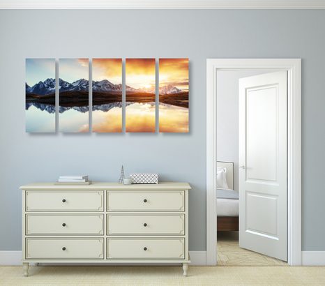 5-DÍLNÝ OBRAZ OSLNIVÝ ZÁPAD SLUNCE NAD HORSKÝM JEZEREM - OBRAZY PŘÍRODY A KRAJINY - OBRAZY