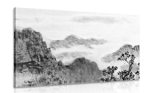 WANDBILD TRADITIONELLES CHINESISCHES GEMÄLDE MIT LANDSCHAFT IN SCHWARZ-WEISS - SCHWARZ-WEISSE BILDER - BILDER