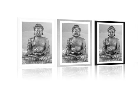 POSTER – STATUA DI BUDDHA IN POSIZIONE MEDITATIVA IN BIANCO E NERO - NERO E BIANCO - POSTER