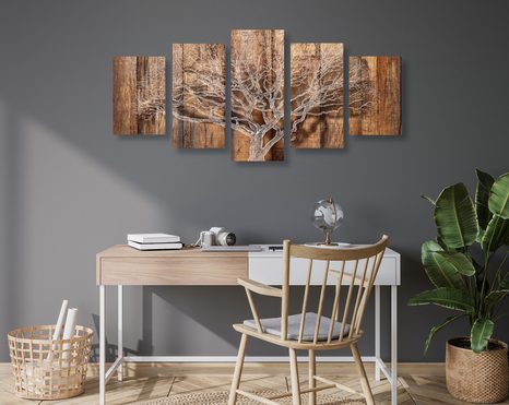 5-PIECE CANVAS PRINT TREE WITH THE IMITATION OF A WOODEN BASE - PICTURES OF NATURE AND LANDSCAPE - PICTURES