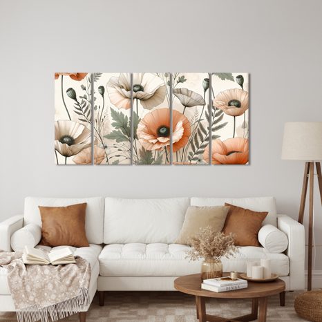5-TEILIGES WANDBILD ZARTE MOHNBLUMEN - BILDER MOHNBLUME - BILDER