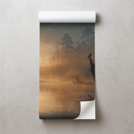 ZELFKLEVEND FOTOBEHANG MISTIG BOS BIJ HET MEER - FOTOBEHANG MEREN - FOTOBEHANG