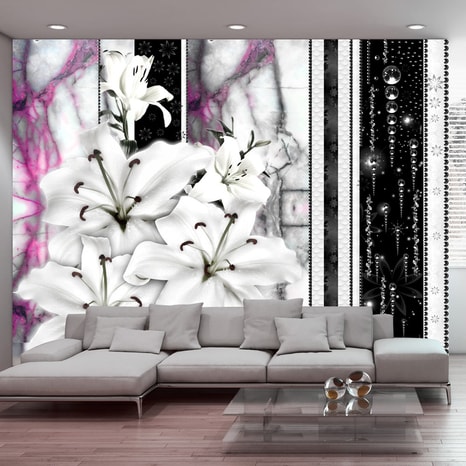 PHOTO WALLPAPER CRYING LILIES ON PURPLE MARBLE