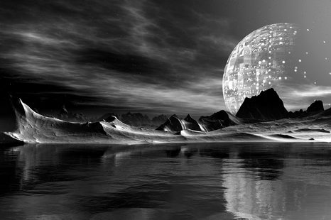 WANDBILD FUTURISTISCHES LAND IN SCHWARZ-WEISS - SCHWARZ-WEISSE BILDER - BILDER