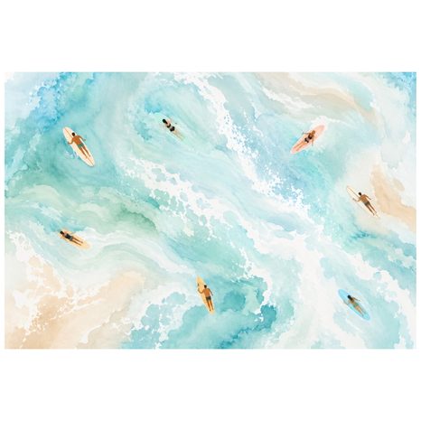 ZELFKLEVEND FOTOBEHANG AQUARELZEE MET SURFERS - FOTOBEHANG ZEE EN STRAND - FOTOBEHANG