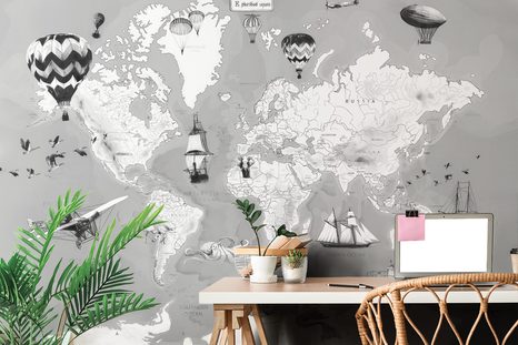TAPETE GEMALTE WELTKARTE MIT SCHIFFEN IN GRAU-WEISS - SCHWARZ-WEISSE WELTKARTEN - TAPETEN
