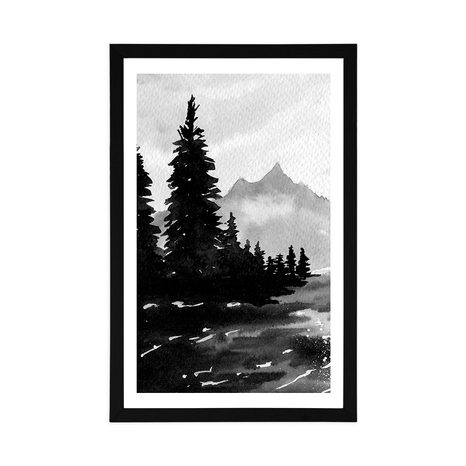 POSTER WITH MOUNT ARTISTIC LANDSCAPE IN BLACK AND WHITE - BLACK AND WHITE - POSTERS
