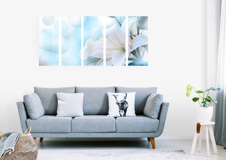 5-TEILIGES WANDBILD WEISSE BLÜTE DER LILIE AUF ABSTRAKTEM HINTERGRUND - BILDER BLUMEN - BILDER