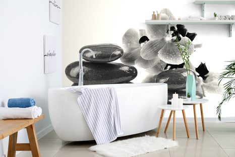 FOTOTAPETA ČERNOBÍLÉ KAMENY A ORCHIDEJ - ČERNOBÍLÉ TAPETY - TAPETY