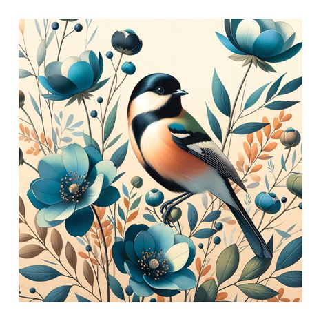 OBRAZ SÝKORKA V KVĚTINOVÉ ZAHRADĚ - OBRAZY PTÁCI - OBRAZY