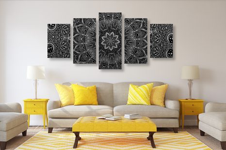 5-DELNA SLIKA ORIENTALSKA MANDALA V ČRNOBELI IZVEDBI - ČRNOBELE SLIKE - SLIKE