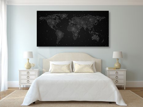 QUADRO IN SUGHERO – MAPPA DEL MONDO CON CIELO NOTTURNO IN VERSIONE BIANCO E NERO - QUADRI SU SUGHERO - STAMPE E QUADRI