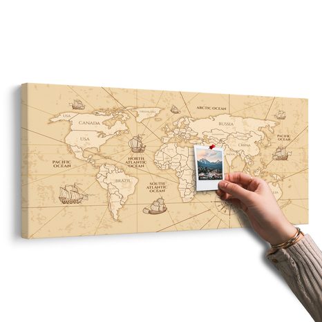 DECORATIVE PINBOARD WORLD MAP WITH BOATS - PICTURES ON CORK - PICTURES