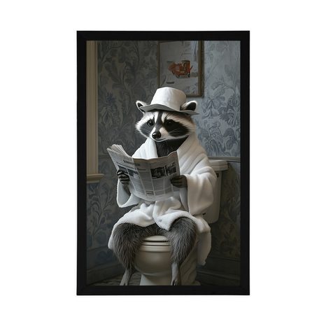 POSTER WASCHBÄR MIT EINER ZEITUNG AUF DEM KLO - TIERE - POSTER