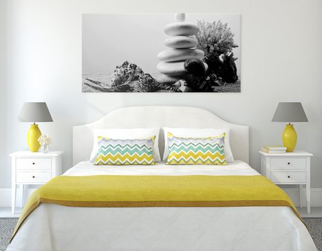 TABLEAU SUR TOILE – PIERRES ZEN AVEC COQUILLAGES EN NOIR ET BLANC - TABLEAUX EN NOIR ET BLANC - TABLEAUX