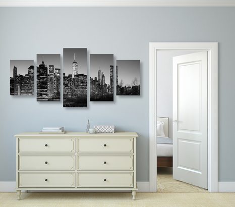 5-TEILIGES WANDBILD STADTZENTRUM VON NEW YORK IN SCHWARZ-WEISS - SCHWARZ-WEISSE BILDER - BILDER