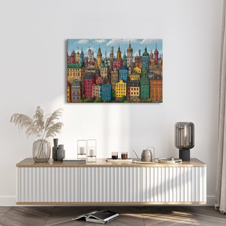 WANDBILD BUNTE STADTPANORAMA - BUNTE HÄUSER - BILDER