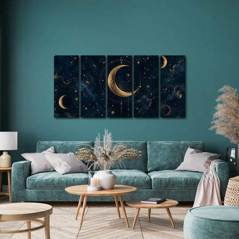 5-TEILIGES WANDBILD GOLDENER MOND ZWISCHEN STERNBILDERN - WANDBILDER MOND - BILDER