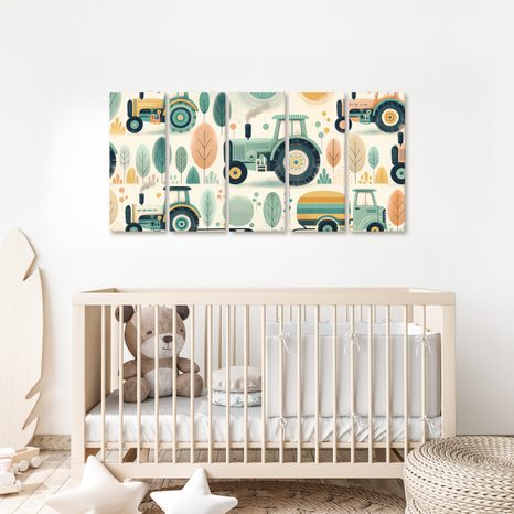 5-TEILIGES WANDBILD BUNTE TRAKTOREN IM WALD - KINDERBILDER VERKEHRSMITTEL - BILDER