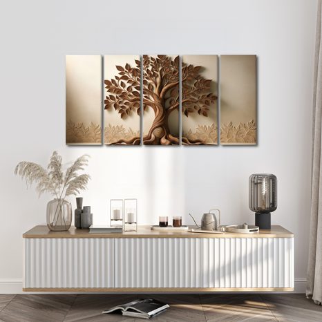 5-TEILIGES WANDBILD BRAUNER LEBENSBAUM MIT 3D-EFFEKT - BILDER BÄUME DES LEBENS - BILDER
