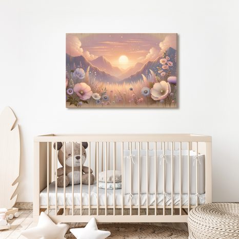 WANDBILD ROMANTISCHER SONNENUNTERGANG MIT WIESE - BILDER VON SONNENAUFGANG UND SONNENUNTERGANG - BILDER