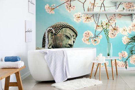 SAMOLEPÍCÍ FOTOTAPETA SOCHA BUDDHY S TŘEŠNÍ - SAMOLEPÍCÍ TAPETY - TAPETY