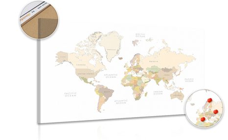 DECORATIVE PINBOARD WORLD MAP WITH VINTAGE ELEMENTS - PICTURES ON CORK - PICTURES