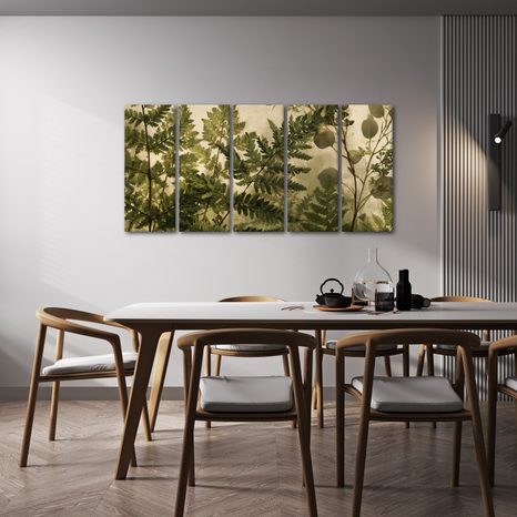 TABLEAU EN 5 PARTIES – FOUGÈRES BOTANIQUES EN SÉPIA - TABLEAUX ARBRES ET FEUILLES - TABLEAUX