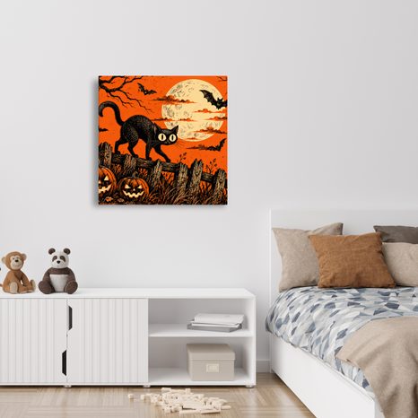 QUADRO SU TELA – GATTO DI HALLOWEEN TRA LE ZUCCHE - QUADRI HALLOWEEN E HORROR - STAMPE E QUADRI