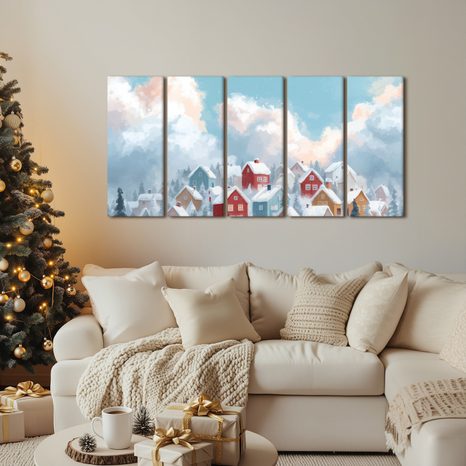 5-DÍLNÝ OBRAZ ZIMNÍ POHÁDKA VESNICE - VÁNOČNÍ A ZIMNÍ OBRAZY - PICTURES