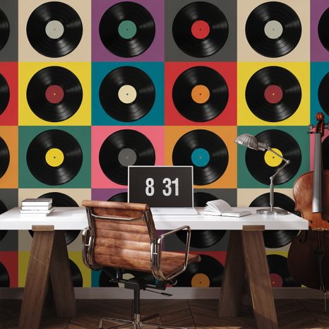 TAPETE RETRO VINYLPLATTEN AUF BUNTEM HINTERGRUND - MUSIK FOTOTAPETEN - TAPETEN