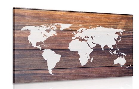 CANVAS PRINT WORLD MAP WITH A WOODEN BACKGROUND - PICTURES OF MAPS - PICTURES