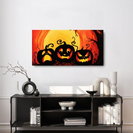 WANDBILD UNHEIMLICHE KÜRBISSE UNTER DEM MOND - HALLOWEEN- UND HORROR-BILDER - BILDER