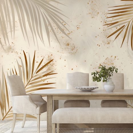 ZELFKLEVEND FOTOBEHANG GOUDEN PALMBLADEREN OP BEIGE - FOTOBEHANG BLADEREN - FOTOBEHANG