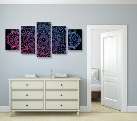 TABLOU 5-PIESE MANDALA PE UN FUNDAL NEGRU - TABLOURI FENG SHUI - TABLOURI