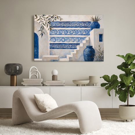 TABLEAU SUR TOILE – ESCALIER GREC EN ÉLÉGANCE BLEU ET BLANC - TABLEAUX DE LA VILLE - TABLEAUX