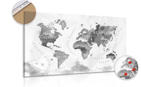 PICTURE ON A CORK BLACK & WHITE WATERCOLOR WORLD MAP