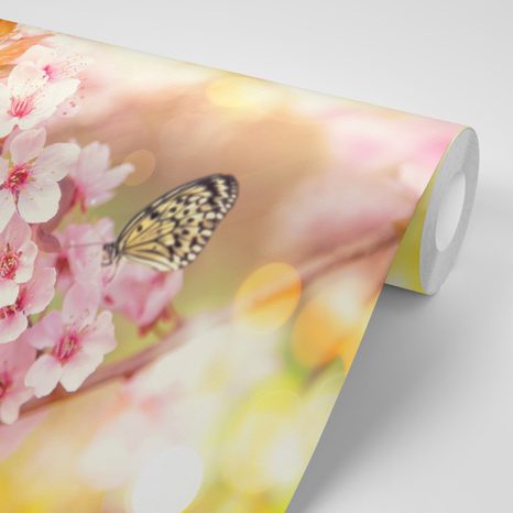 TAPETE FRÜHLINGSBLUMEN MIT EXOTISCHEN SCHMETTERLINGEN - TAPETEN MIT BLUMENMOTIVEN - TAPETEN